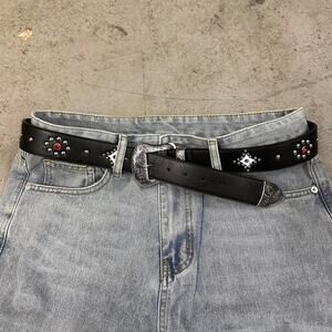 Black studded rhinestone western style belt MENS